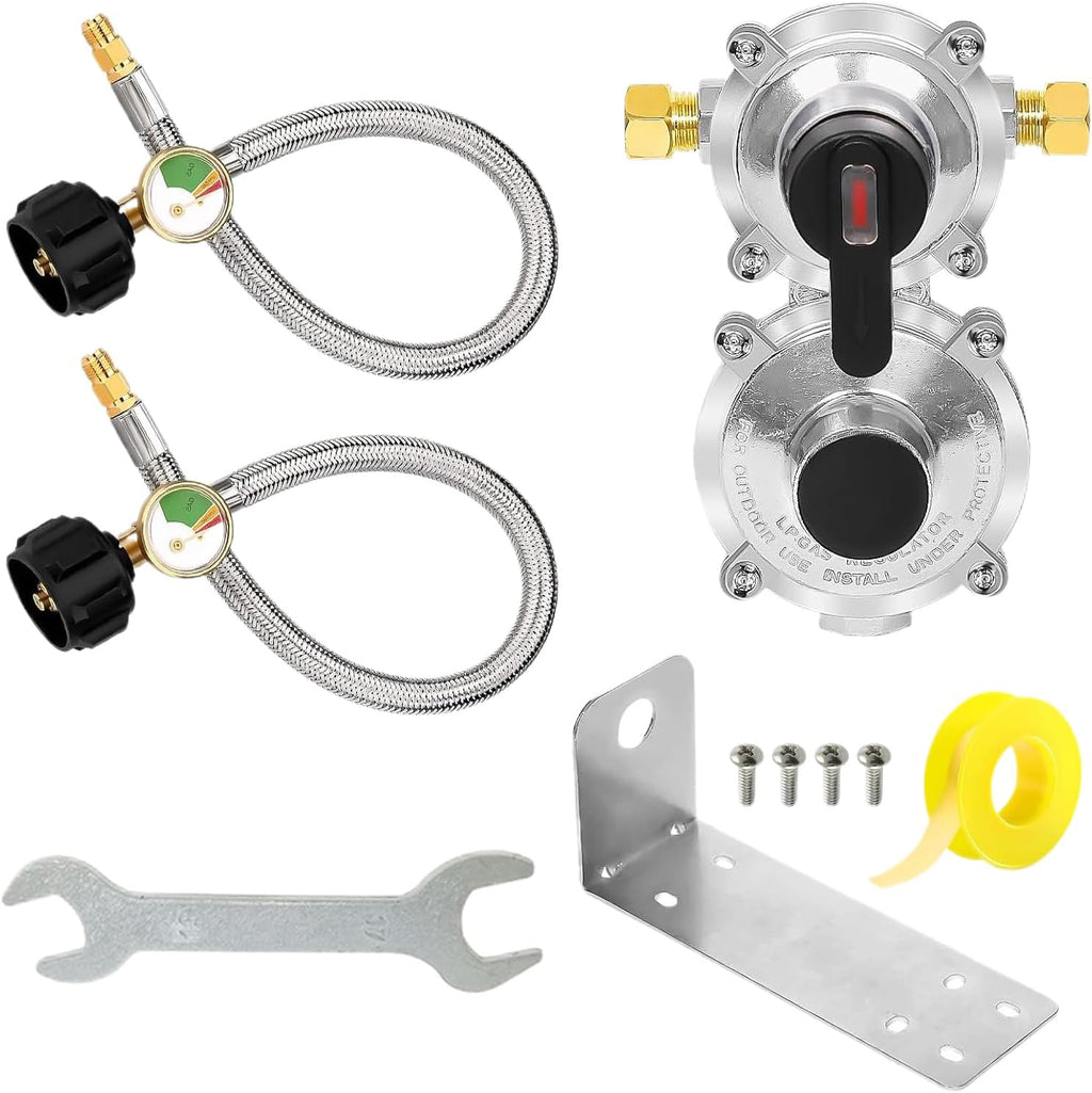 Regulador De Propano Con Cambio Automático - Regulador de Tanque de Propano con Manguera de 46 cm,Adaptador De Doble Etapa Con Cambio Automático Y Manómetro Para Parrillas, Casas Rodantes Y Remolques