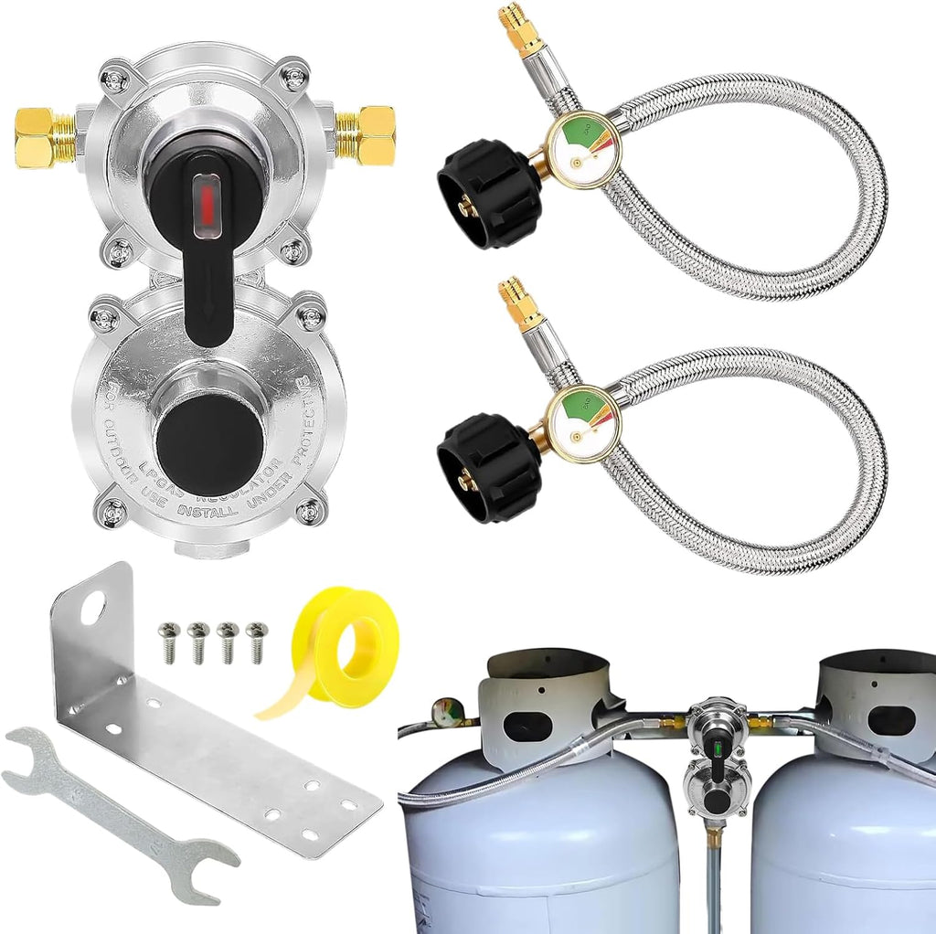 Regulador De Propano Con Cambio Automático - Regulador de Tanque de Propano con Manguera de 46 cm,Adaptador De Doble Etapa Con Cambio Automático Y Manómetro Para Parrillas, Casas Rodantes Y Remolques