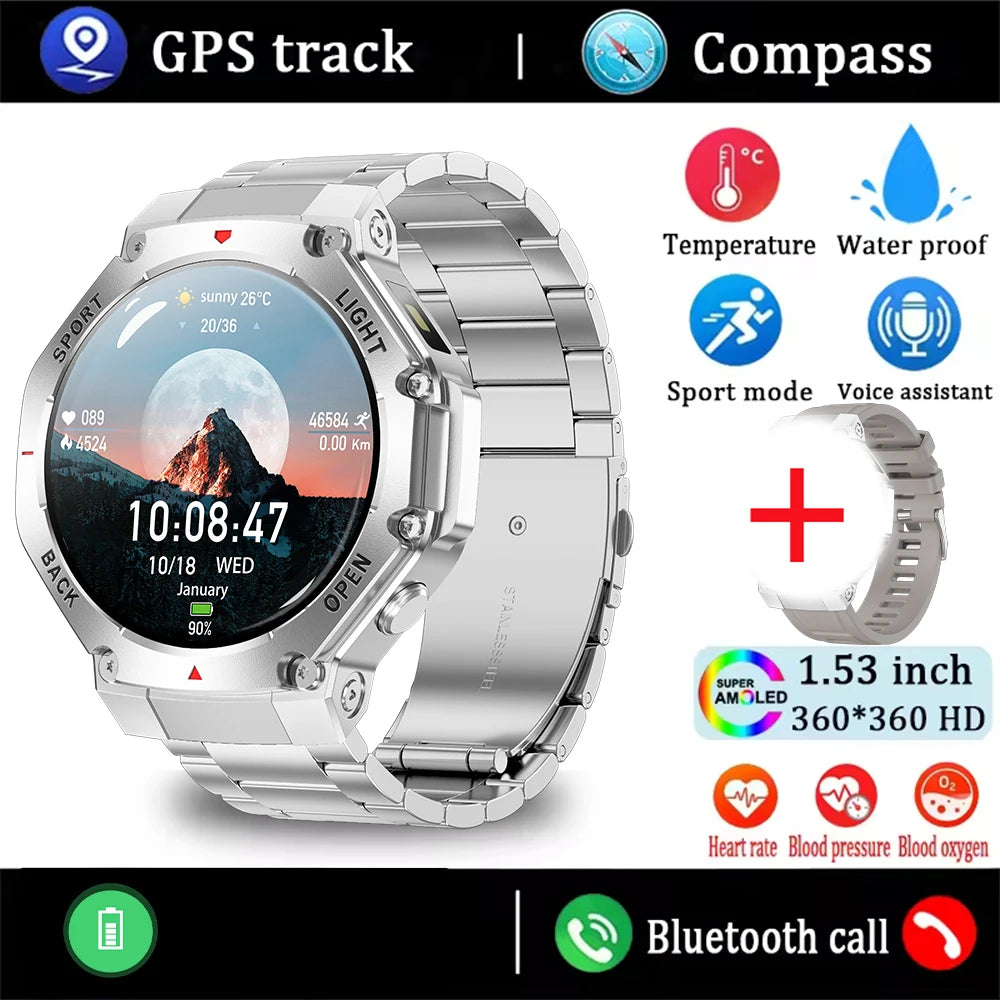 2025 New Men Sports Smart Watch GPS AMOLED Heart Rate Monitoring LED Flashlight NFC Bluetooth Call 3ATM Waterproof Smartwatches