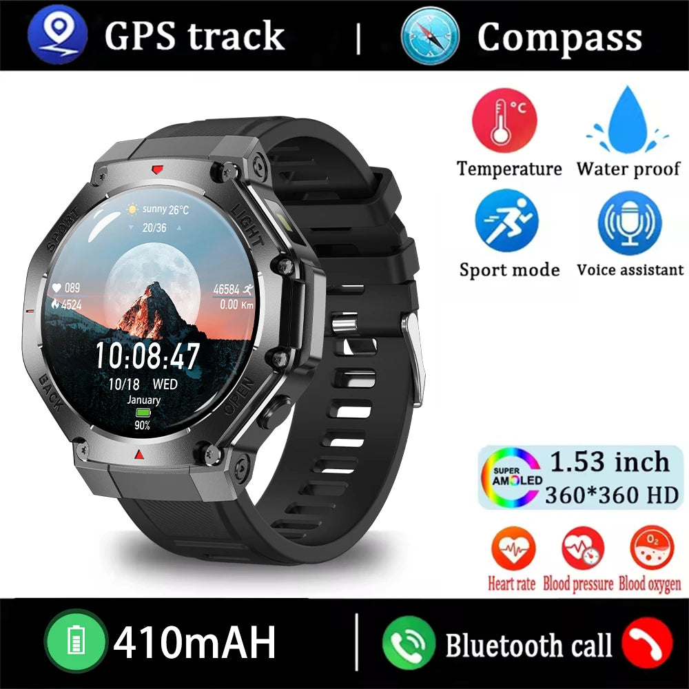 2025 New Men Sports Smart Watch GPS AMOLED Heart Rate Monitoring LED Flashlight NFC Bluetooth Call 3ATM Waterproof Smartwatches