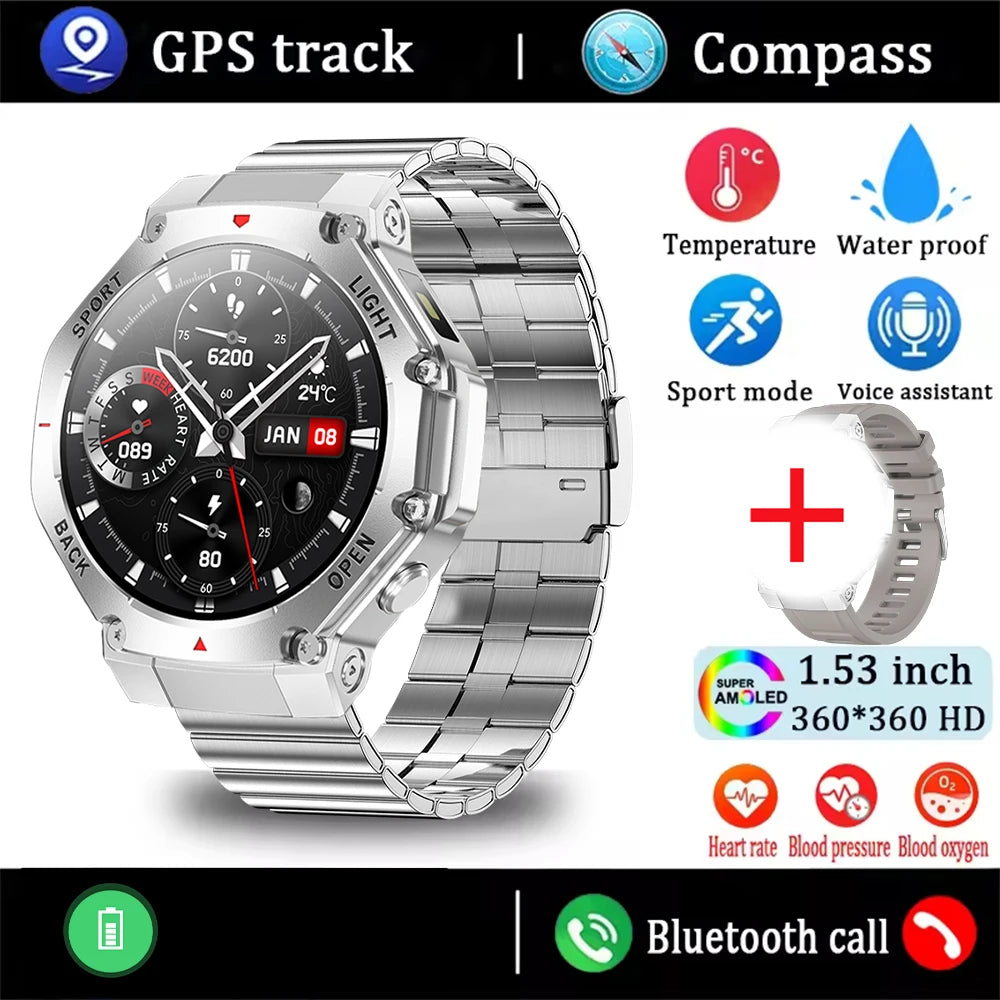2025 New Men Sports Smart Watch GPS AMOLED Heart Rate Monitoring LED Flashlight NFC Bluetooth Call 3ATM Waterproof Smartwatches