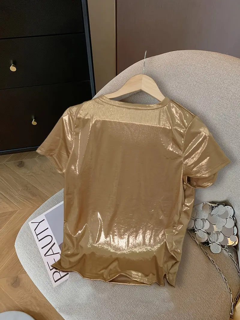 Camiseta de princesa sirena elegante para mujeres, cuello redondo al estilo francés, manga corta brillante, color sólido casual, poliéster