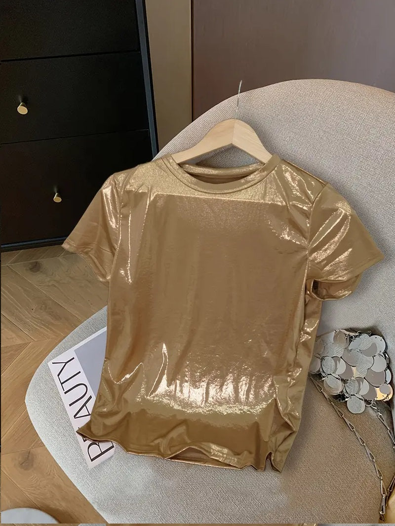 Camiseta de princesa sirena elegante para mujeres, cuello redondo al estilo francés, manga corta brillante, color sólido casual, poliéster