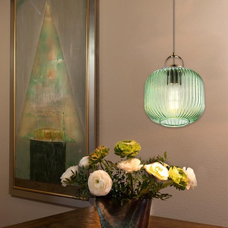 Lámpara colgante vintage de cristal Lámpara colgante retro de mediados de siglo Lámpara colgante de cristal y hierro verde Lámpara de techo Decoración nórdica Lámpara de araña para dormitorio, sala de estar, comedor, cocina o isla de cocina (C)