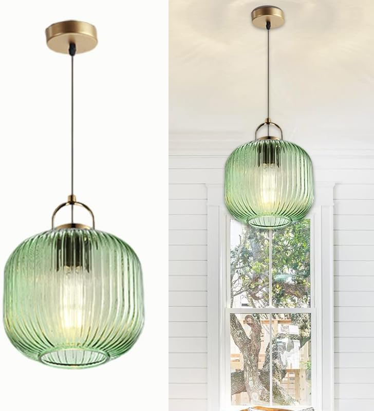 Lámpara colgante vintage de cristal Lámpara colgante retro de mediados de siglo Lámpara colgante de cristal y hierro verde Lámpara de techo Decoración nórdica Lámpara de araña para dormitorio, sala de estar, comedor, cocina o isla de cocina (C)
