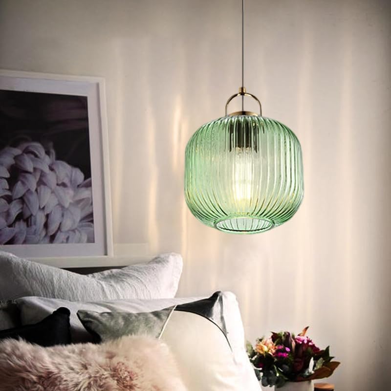 Lámpara colgante vintage de cristal Lámpara colgante retro de mediados de siglo Lámpara colgante de cristal y hierro verde Lámpara de techo Decoración nórdica Lámpara de araña para dormitorio, sala de estar, comedor, cocina o isla de cocina (C)