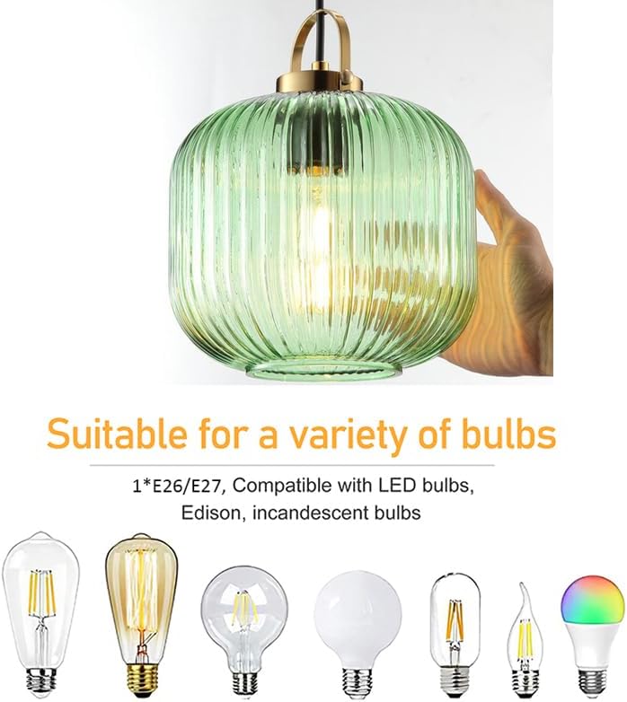Lámpara colgante vintage de cristal Lámpara colgante retro de mediados de siglo Lámpara colgante de cristal y hierro verde Lámpara de techo Decoración nórdica Lámpara de araña para dormitorio, sala de estar, comedor, cocina o isla de cocina (C)