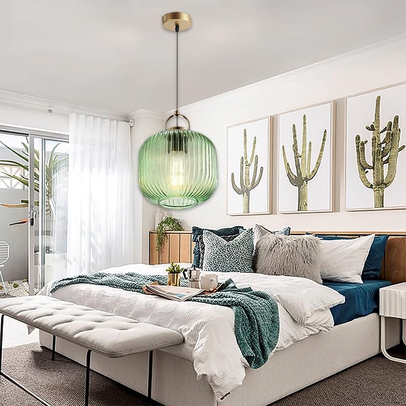 Lámpara colgante vintage de cristal Lámpara colgante retro de mediados de siglo Lámpara colgante de cristal y hierro verde Lámpara de techo Decoración nórdica Lámpara de araña para dormitorio, sala de estar, comedor, cocina o isla de cocina (C)