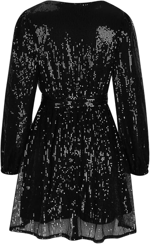 estido de cóctel de manga larga con cuello en V y lentejuelas para mujer, vestidos de talla grande para mujer,