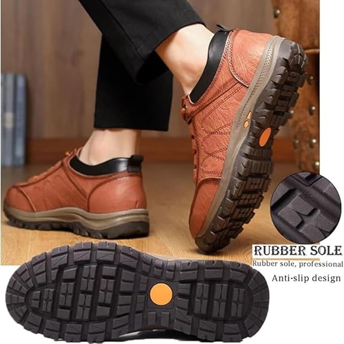 Hillde - Mocasines casuales de cuero para hombre, hechos a mano, antideslizantes, con soporte para el arco, zapatos cómodos para el trabajo, senderismo, tenis para hombre