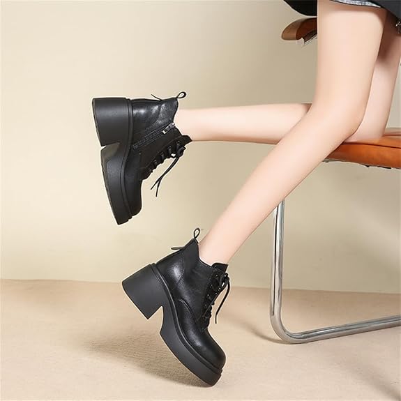 Tacón Grueso Botas Sueltas Fondo Grueso Tacón Alto Botas Cortas Aumentar Encaje Cabeza Redonda Botas de Mujer Casual Otoño e Invierno Botas Cortas