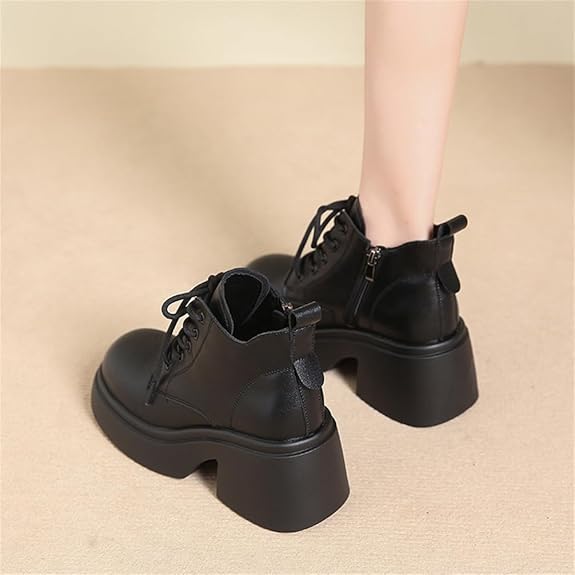 Tacón Grueso Botas Sueltas Fondo Grueso Tacón Alto Botas Cortas Aumentar Encaje Cabeza Redonda Botas de Mujer Casual Otoño e Invierno Botas Cortas