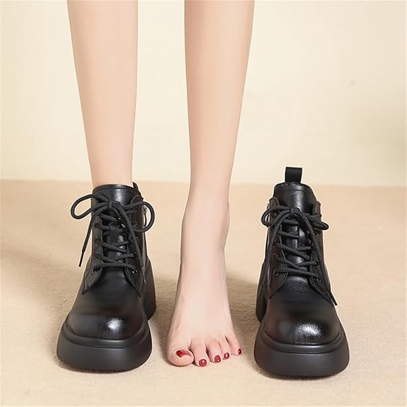 Tacón Grueso Botas Sueltas Fondo Grueso Tacón Alto Botas Cortas Aumentar Encaje Cabeza Redonda Botas de Mujer Casual Otoño e Invierno Botas Cortas