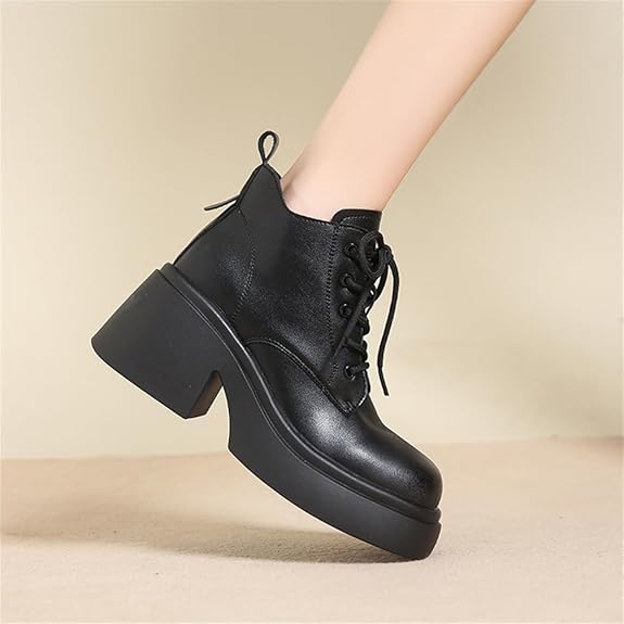 Tacón Grueso Botas Sueltas Fondo Grueso Tacón Alto Botas Cortas Aumentar Encaje Cabeza Redonda Botas de Mujer Casual Otoño e Invierno Botas Cortas